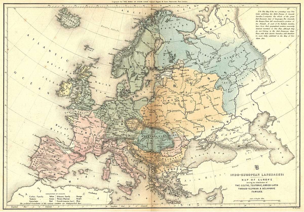 Carte ancienne d’Europe (1850) coloriée par familles de langues indo-européennes : celtique, germanique, gréco-latine, thraco-illyrienne et slave.